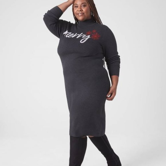 LANE BRYANT SIZE 14/16 BLACK W/ RED MERRY GRAPHIC SWEATER DRESS - Picture 1 of 13